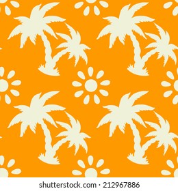 Exotic seamless pattern with silhouettes tropical coconut palm trees, sun, hammock. Hawaiian, caribbean  print.  Endless repeating background texture. Wallpaper - vector 