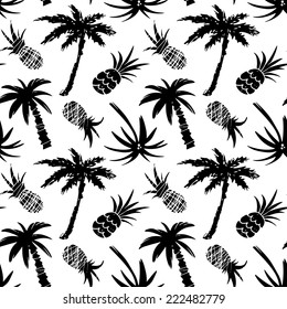 Exotic seamless pattern with silhouettes tropical coconut palm trees and pineapples. Forest, jungle repeating background. Abstract print texture. Cloth design. Wallpaper 