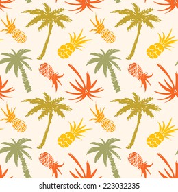 Exotic seamless pattern with silhouettes tropical coconut palm trees and pineapples. Forest, jungle repeating background. Abstract print texture. Cloth design. Wallpaper 