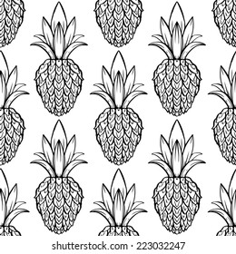 Exotic seamless pattern with silhouettes tropical fruit pineapples. Food repeating background. Abstract print texture. Cloth design. Wallpaper 