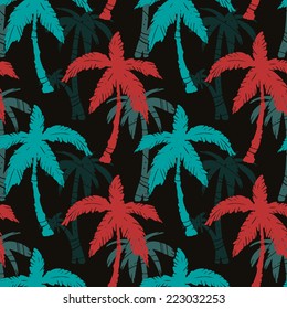 Exotic seamless pattern with silhouettes tropical coconut palm trees. Forest, jungle. Abstract nature hand drawn background texture. Cloth art design