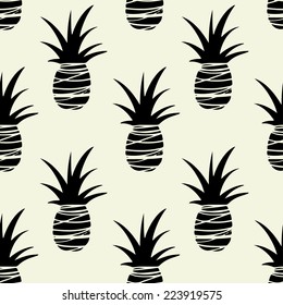 Exotic seamless pattern with silhouettes tropical fruit pineapples. Food hand drawn repeating background. Abstract print texture. Cloth art design