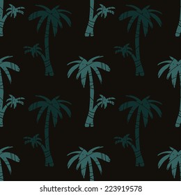 Exotic seamless pattern with silhouettes tropical coconut palm trees. Forest, jungle. Abstract nature hand drawn background texture. Cloth art design