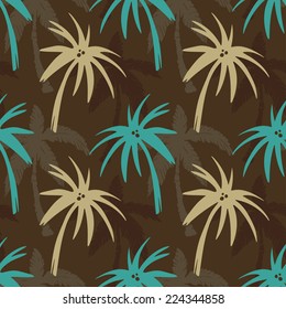 Exotic seamless pattern with silhouettes tropical coconut palm trees. Forest, jungle. Abstract nature hand drawn background texture. Cloth art design