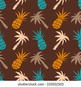 Exotic seamless pattern with silhouettes tropical coconut palm trees and pineapples. Forest, jungle repeating background. Abstract print texture. Cloth design. Wallpaper 