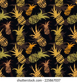 Exotic seamless pattern with silhouettes tropical coconut palm trees and pineapples. Forest, jungle repeating background. Abstract print texture. Cloth design. Wallpaper 