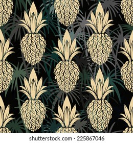 Exotic seamless pattern with silhouettes tropical coconut palm trees and pineapples. Forest, jungle repeating background. Abstract print texture. Cloth design. Wallpaper 