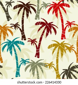Exotic seamless pattern with silhouettes tropical coconut palm trees. Forest, jungle. Abstract nature hand drawn background texture. Cloth art design