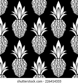 Exotic seamless pattern with silhouettes tropical fruit pineapples in black and white. Food hand drawn repeating background. Abstract print texture. Cloth art design