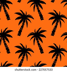 Exotic seamless pattern with silhouettes tropical coconut palm trees. Forest, jungle. Abstract nature hand drawn background texture. Cloth art design