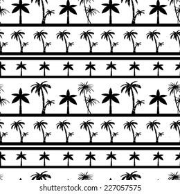 Exotic seamless pattern with silhouettes tropical coconut palm trees. Forest, jungle. Borders. Abstract nature hand drawn background texture. Cloth art design