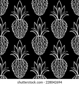 Exotic seamless pattern with silhouettes tropical fruit pineapples in black and white. Food hand drawn repeating background. Abstract print texture. Cloth art design