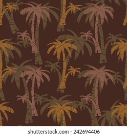 Exotic seamless pattern with silhouettes tropical coconut palm trees. Forest, jungle. Abstract natural hand drawn background texture. Cloth art design, wallpaper