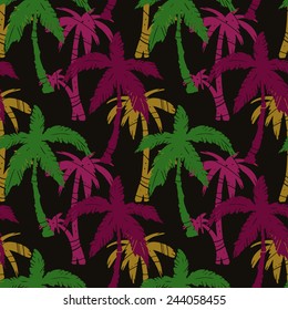 Exotic seamless pattern with silhouettes tropical coconut palm trees. Forest, jungle. Abstract natural hand drawn background texture. Cloth art design, wallpaper