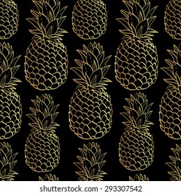 Exotic seamless pattern with silhouettes tropical fruit gold pineapples. Food hand drawn repeating background. Abstract print texture. Cloth art design
