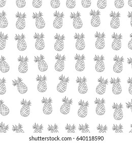 Exotic seamless pattern with silhouettes tropical fruit pineapples. Food doodle hand drawn repeating background. Abstract print texture. Cloth art design. 