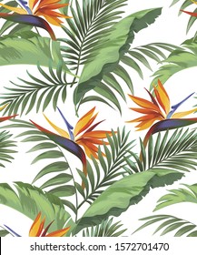 Exotic seamless pattern with strelitzia flowers.Beach vector background.