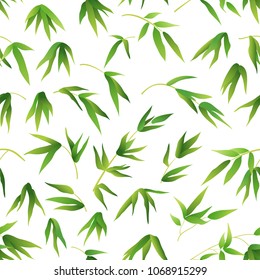 Exotic Seamless Pattern, Tropical Bamboo Plants Branches with Green Leaves Isolated on Tile White Background. Vector