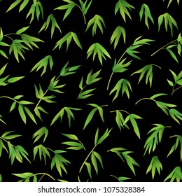 Exotic Seamless Pattern, Tropical Bamboo Plants Branches with Green Leaves on Tile Black Background. Vector