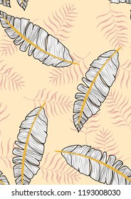 Exotic seamless pattern with tropical banana leaves. Hawaiian plants. Botanical background for covers, wallpapers and fabrics. Tropical Leaf Sketch.