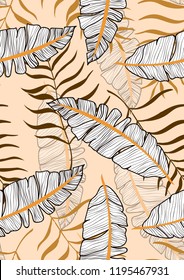 Exotic seamless pattern with tropical banana leaves. Hawaiian plants. Botanical background for covers, wallpapers and fabrics. Tropical Leaf Sketch.