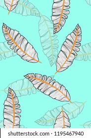 Exotic seamless pattern with tropical banana leaves. Hawaiian plants. Botanical background for covers, wallpapers and fabrics. Tropical Leaf Sketch.