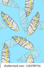 Exotic seamless pattern with tropical banana leaves. Hawaiian plants. Botanical background for covers, wallpapers and fabrics. Tropical Leaf Sketch.