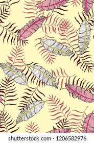 Exotic seamless pattern with tropical banana leaves. Hawaiian plants. Botanical background for covers, wallpapers and fabrics. Tropical Leaf Sketch.