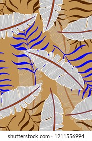 Exotic seamless pattern with tropical banana leaves. Hawaiian plants. Botanical background for covers, wallpapers and fabrics. Tropical Leaf Sketch.