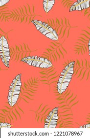 Exotic seamless pattern with tropical banana leaves. Hawaiian plants. Botanical background for covers, wallpapers and fabrics. Tropical Leaf Sketch.