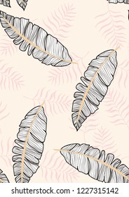Exotic seamless pattern with tropical banana leaves. Hawaiian plants. Botanical background for covers, wallpapers and fabrics. Tropical Leaf Sketch.