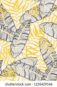 Exotic seamless pattern with tropical banana leaves. Hawaiian plants. Botanical background for covers, wallpapers and fabrics. Tropical Leaf Sketch.