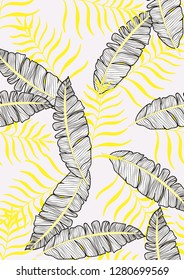 Exotic seamless pattern with tropical banana leaves. Hawaiian plants. Botanical background for covers, wallpapers and fabrics. Tropical Leaf Sketch.