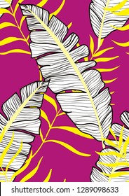 Exotic seamless pattern with tropical banana leaves. Hawaiian plants. Botanical background for covers, wallpapers and fabrics. Tropical Leaf Sketch.