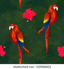 Exotic seamless pattern with tropical flowers and parrots on palm leaf background