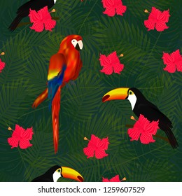 Exotic seamless pattern with tropical flowers, toucans and parrots on palm leaves background