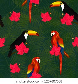 Exotic seamless pattern with tropical flowers, toucans and parrots on palm leaves background
