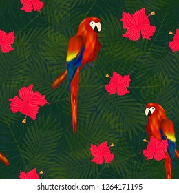 Exotic seamless pattern with tropical flowers and parrots on palm leaf background