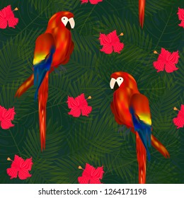 Exotic seamless pattern with tropical flowers and parrots on palm leaf background
