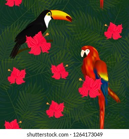 Exotic seamless pattern with tropical flowers, toucans and parrots on palm leaves background