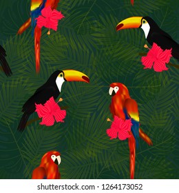 Exotic seamless pattern with tropical flowers, toucans and parrots on palm leaves background