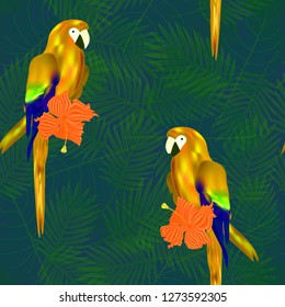 Exotic seamless pattern with tropical flowers and parrots on palm leaf background
