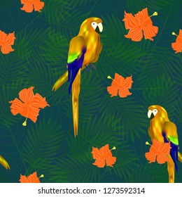 Exotic seamless pattern with tropical flowers and parrots on palm leaf background