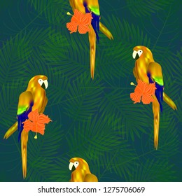 Exotic seamless pattern with tropical flowers and parrots on palm leaf background
