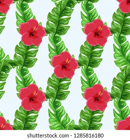 Exotic seamless pattern with tropical flowers and leaves. Banana leaves and hibiscus flower. Floral background with exotic leaves and flowers.