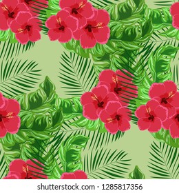 Exotic seamless pattern with tropical flowers and leaves. Banana leaves and hibiscus flower. Floral background with exotic leaves and flowers.