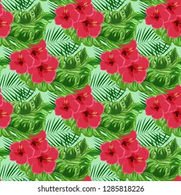Exotic seamless pattern with tropical flowers and leaves. Banana leaves and hibiscus flower. Floral background with exotic leaves and flowers.