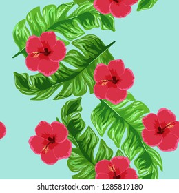 Exotic seamless pattern with tropical flowers and leaves. Banana leaves and hibiscus flower. Floral background with exotic leaves and flowers.