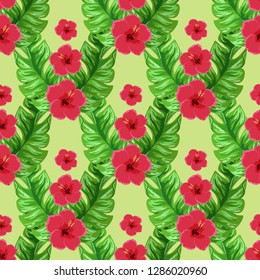 Exotic seamless pattern with tropical flowers and leaves. Banana leaves and hibiscus flower. Floral background with exotic leaves and flowers.
