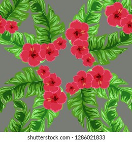 Exotic seamless pattern with tropical flowers and leaves. Banana leaves and hibiscus flower. Floral background with exotic leaves and flowers.